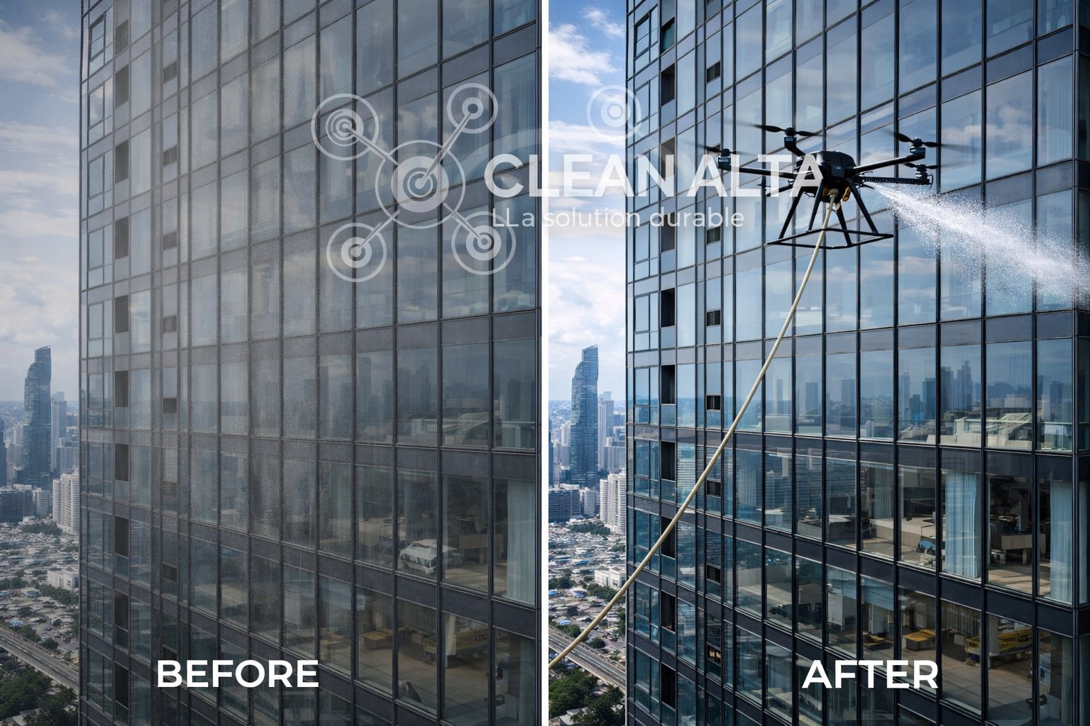 Before and after drone cleaning of a high-rise glass tower by CleanAlta Thailand