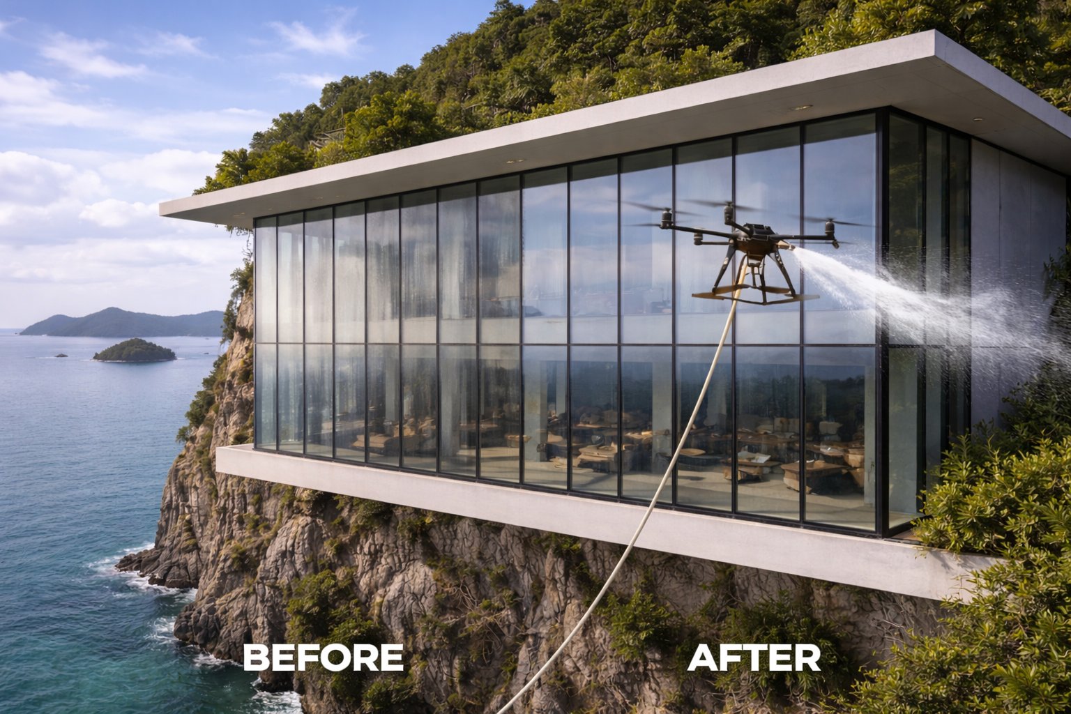 Coastal glass building before and after professional drone cleaning