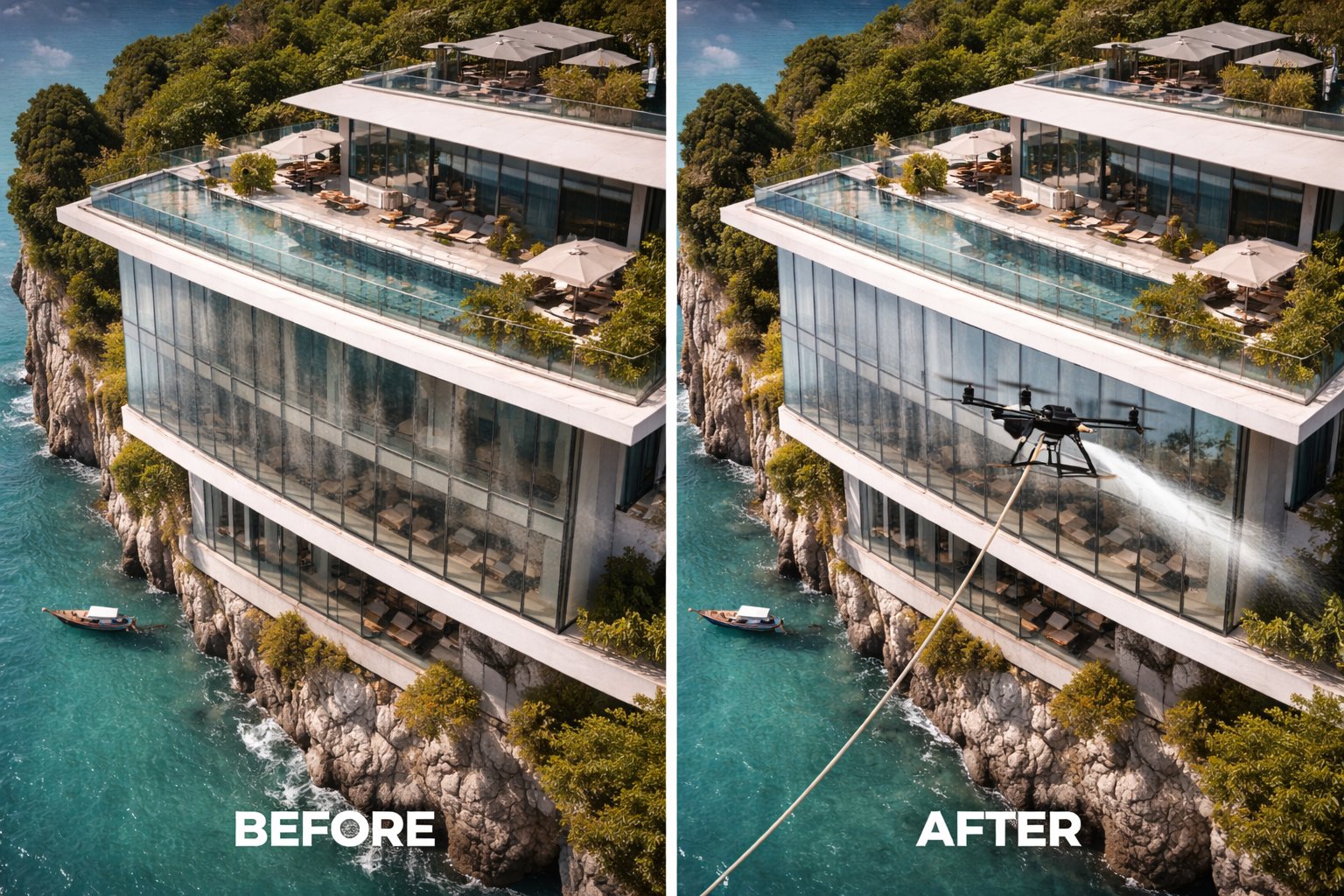 Luxury cliff resort glass facade before and after drone cleaning by CleanAlta