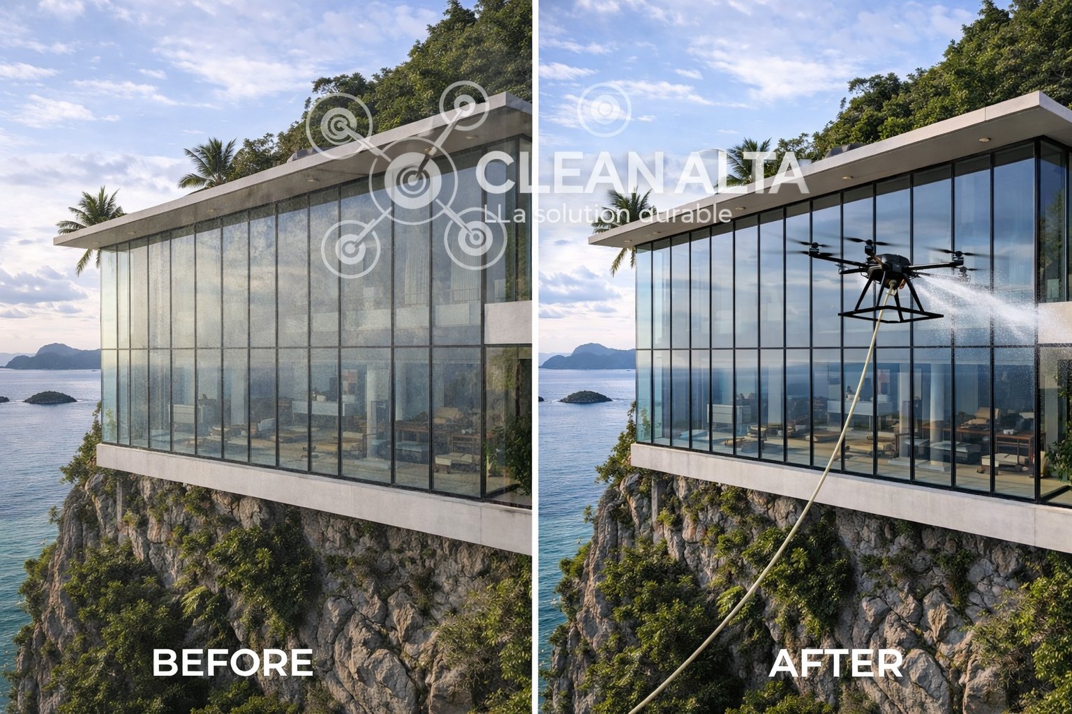 Tropical island resort before and after CleanAlta drone facade cleaning