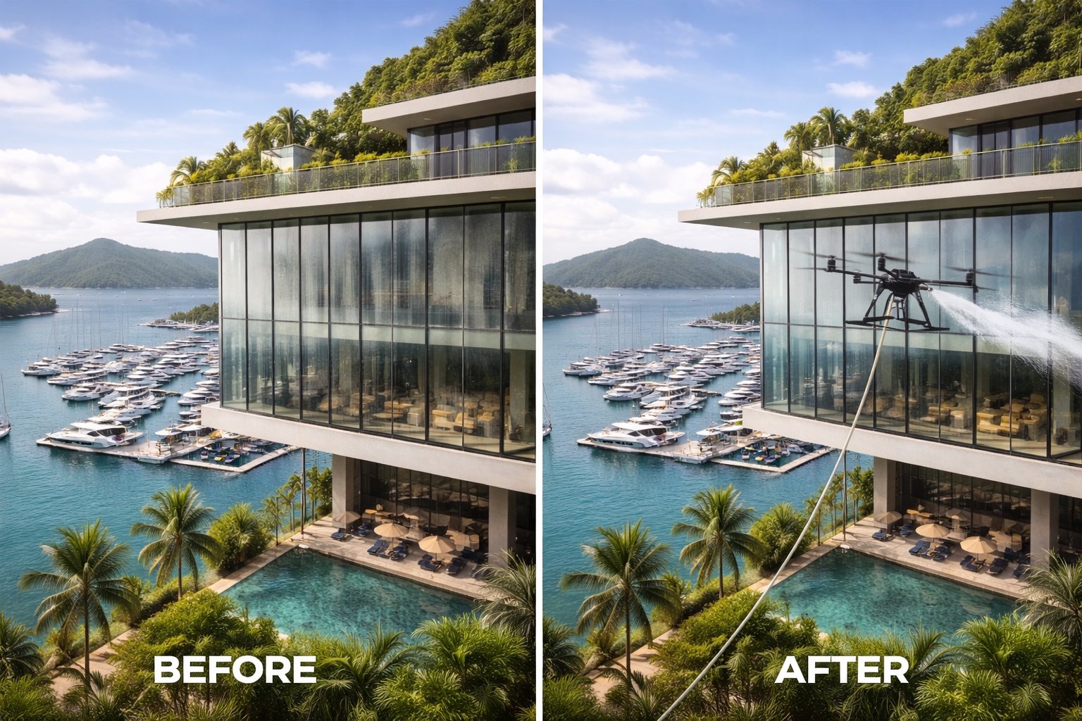 Marina high-rise glass facade before and after drone cleaning with yacht harbor view