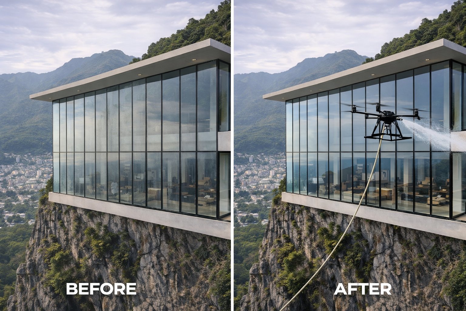 Mountain villa glass facade before and after drone cleaning with city panorama